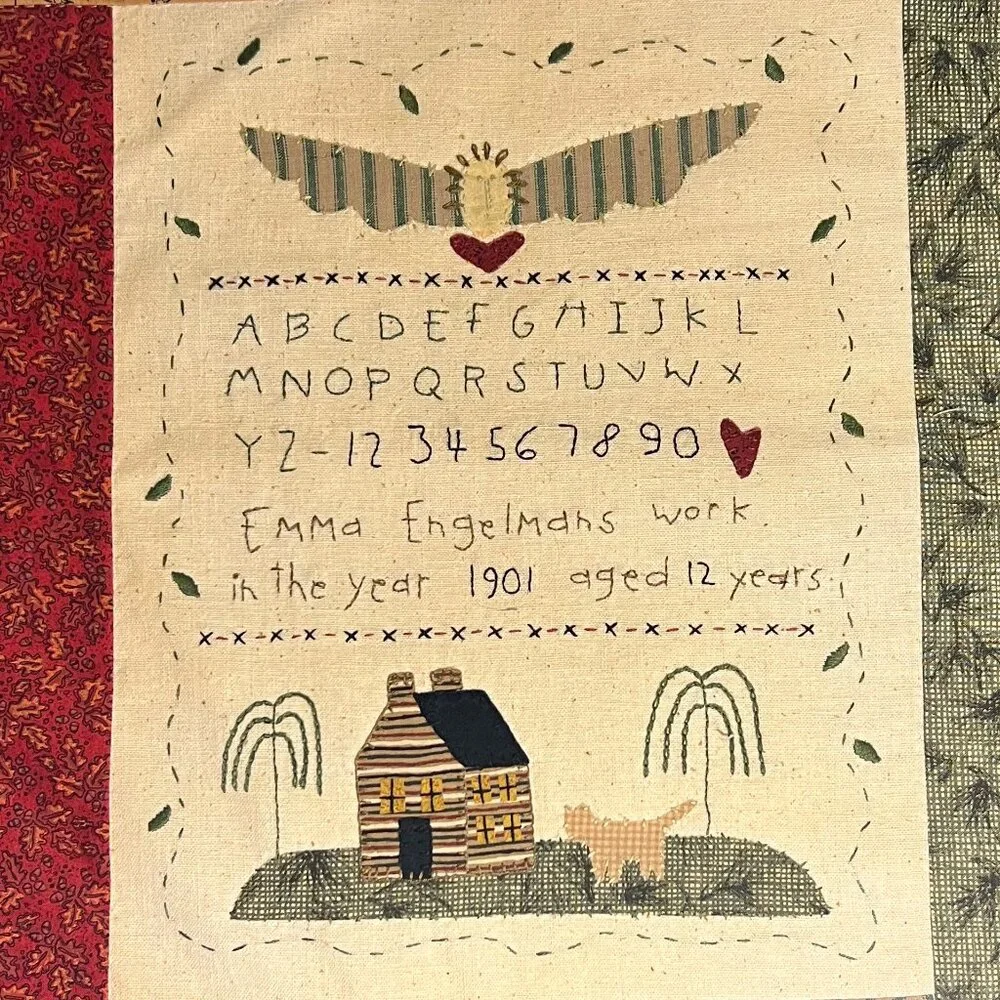 Hand Stitched Antique Needlework Sampler Reproduction Appliqué & Embroidery - Picture 2 of 16